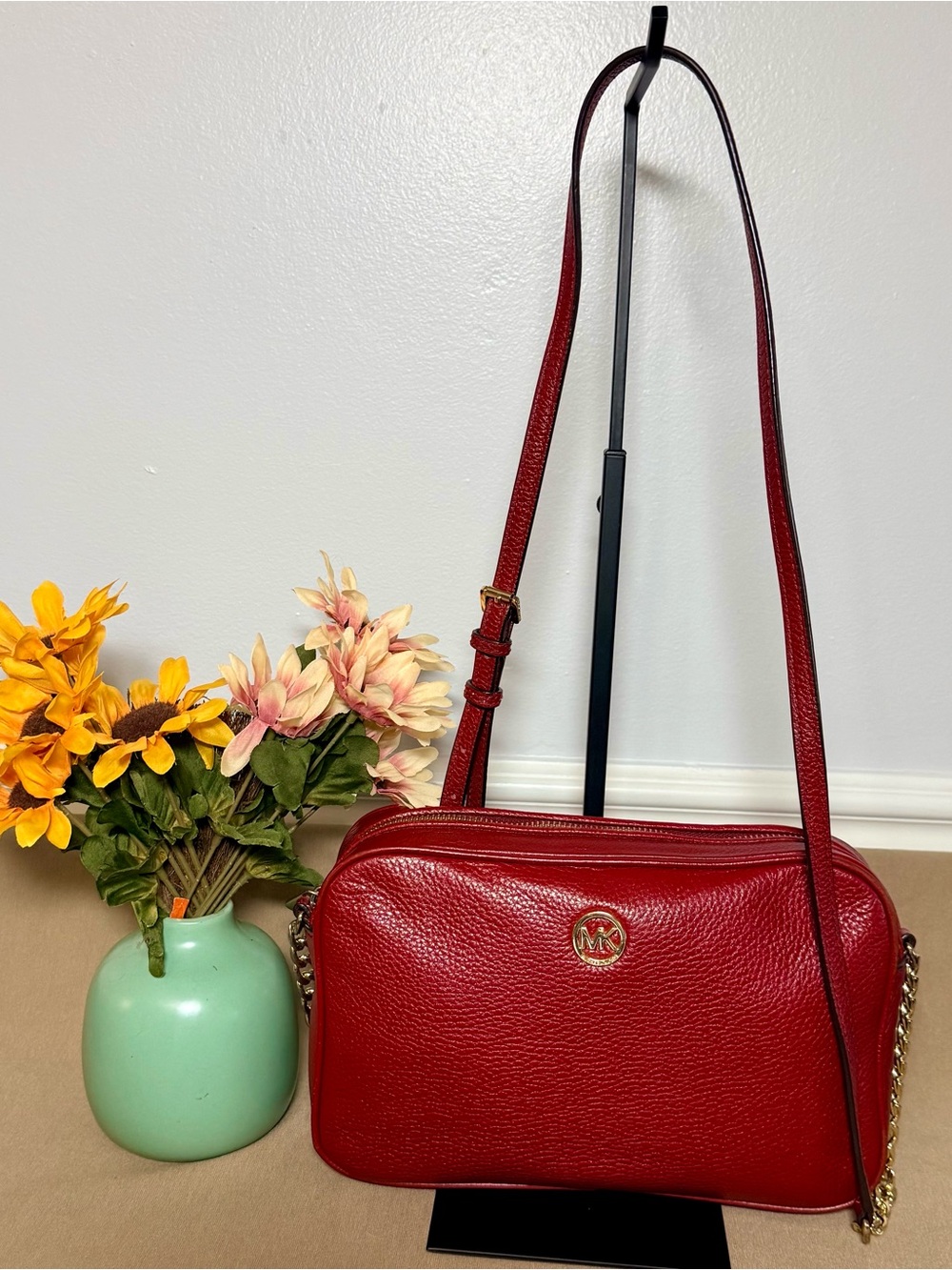 Michael Kors Red Pebbled Leather Crossbody with Gold Logo | EUC